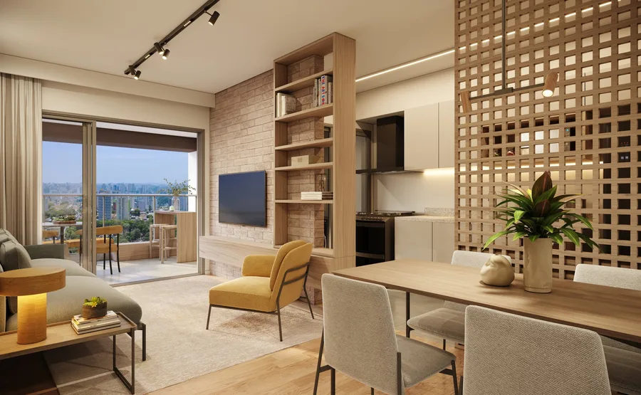 Living integrado do apartamento de 93m² do Helbor Patteo Vila Mariana