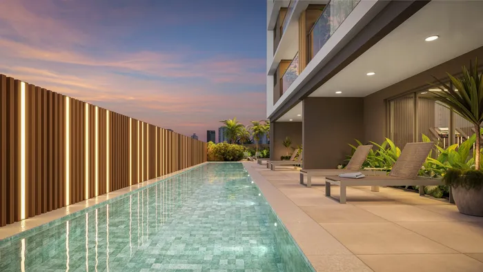 Piscina raia de 20 metros da área de lazer do Helbor Patteo Vila Mariana