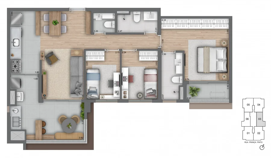Planta baixa do apartamento de 93m² com 3 dormitórios e 1 suíte do Helbor Patteo Vila Mariana